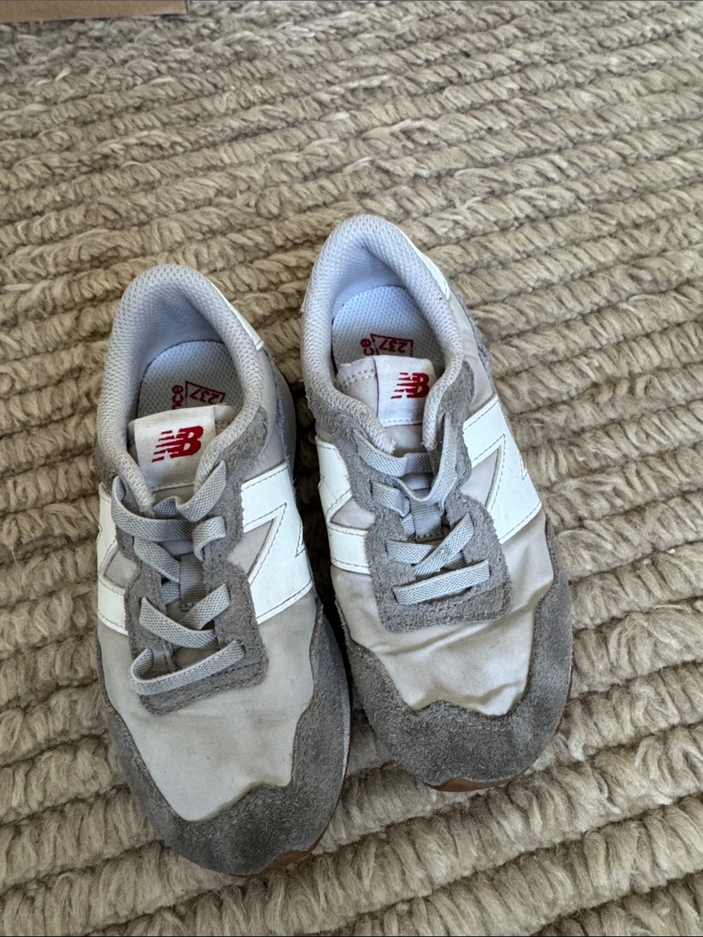 New Balance Kids Gray and White Sneakers with Red Logo